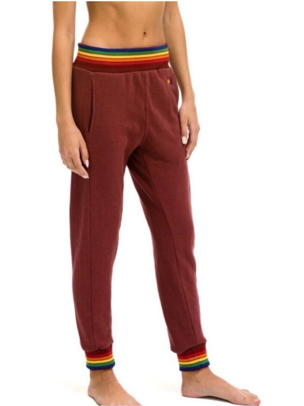 Aviator Nation Rainbow Rip Pocket Sweatpants in Claret Burgundy